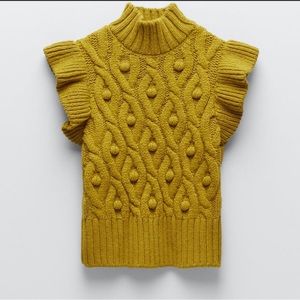 Zara Women’s Olive Green/Mustard Pompom Knit Sweater Sleeveless Top | Size M